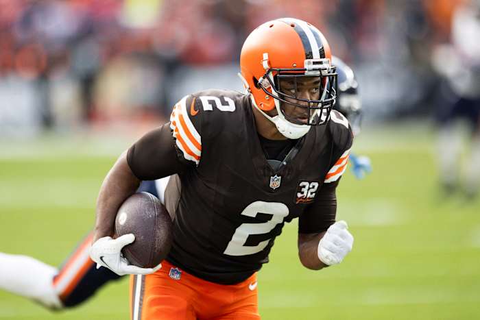 Dec 17, 2023; Cleveland, Ohio, USA; Cleveland Browns wide receiver Amari Cooper (2) runs the ball along the sideline for a touchdown against the Chicago Bears during the fourth quarter at Cleveland Browns Stadium.